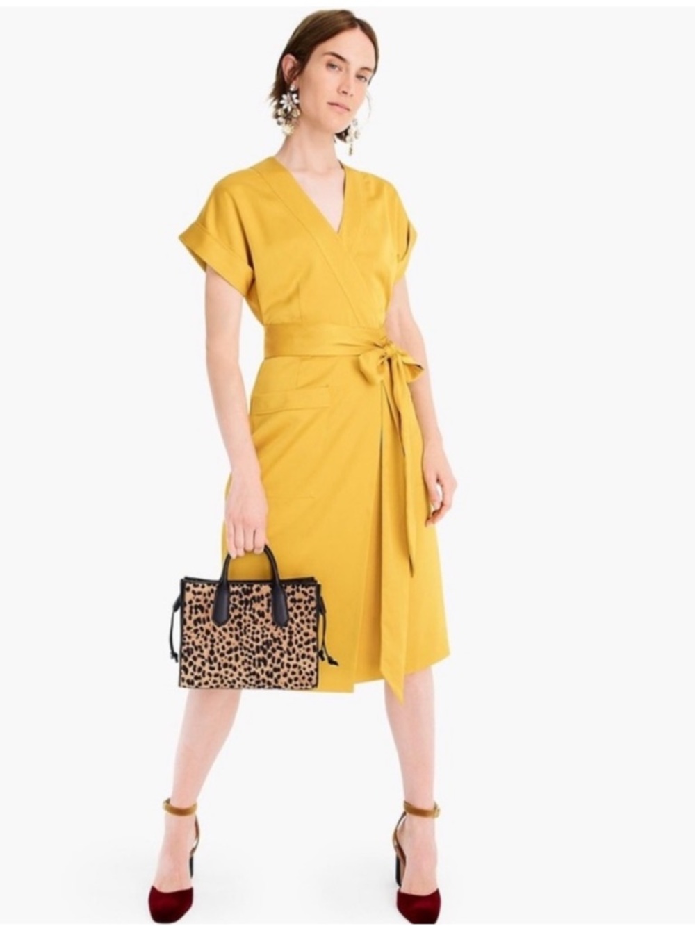 J. Crew Women’s Mustard Yellow Satin Crepe Wrap Short Sleeve Dress Size Large